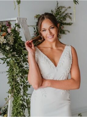 Colby John Ivory Crepe bead embroidery  Fit n Flare V-neck Wedding Gown